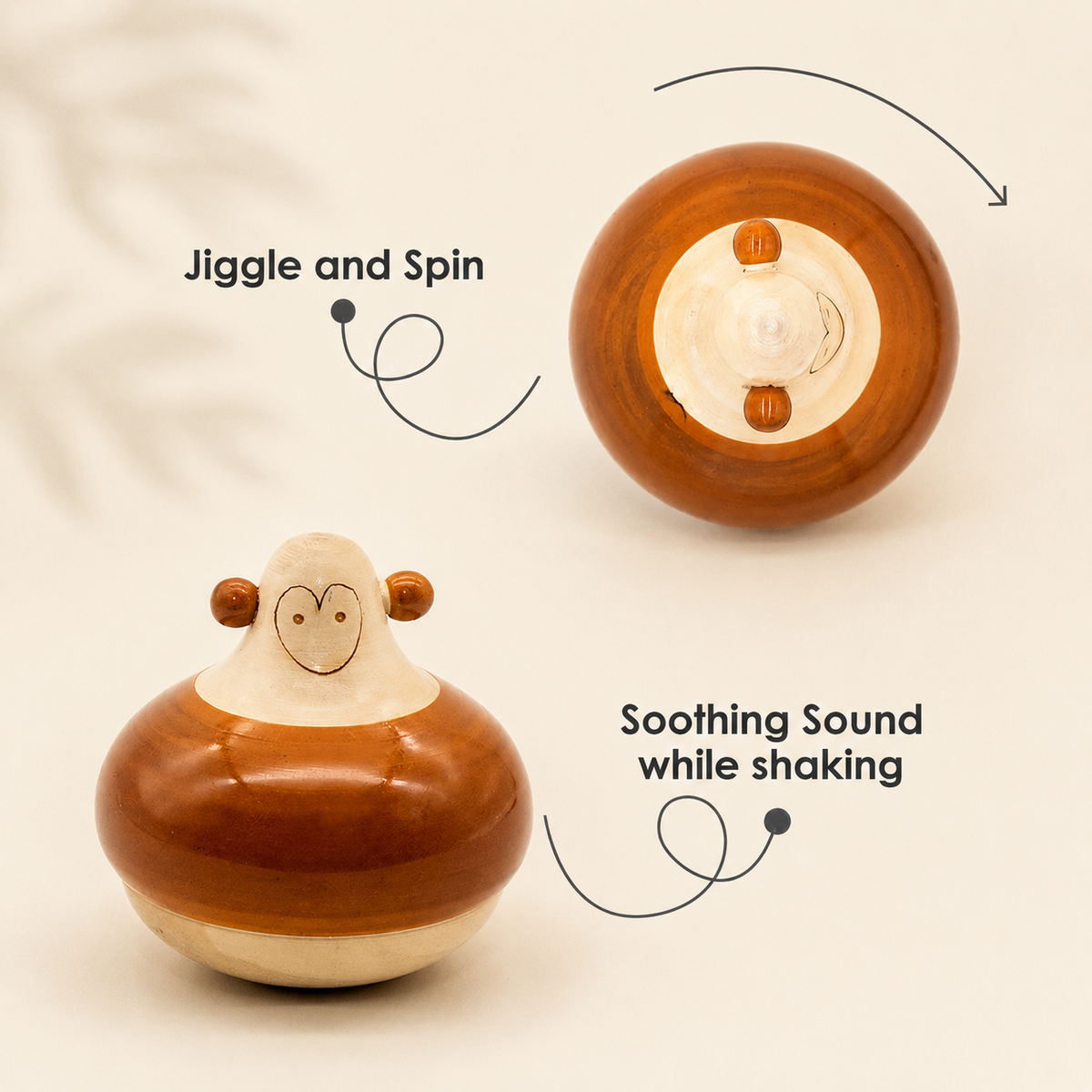 Wooden toy with monkey design on a beige background, showing text about jiggling and spinning.