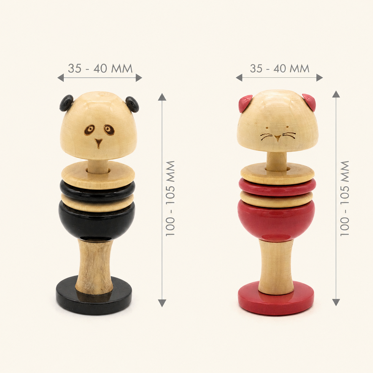 Wooden animal rattles with dimensions