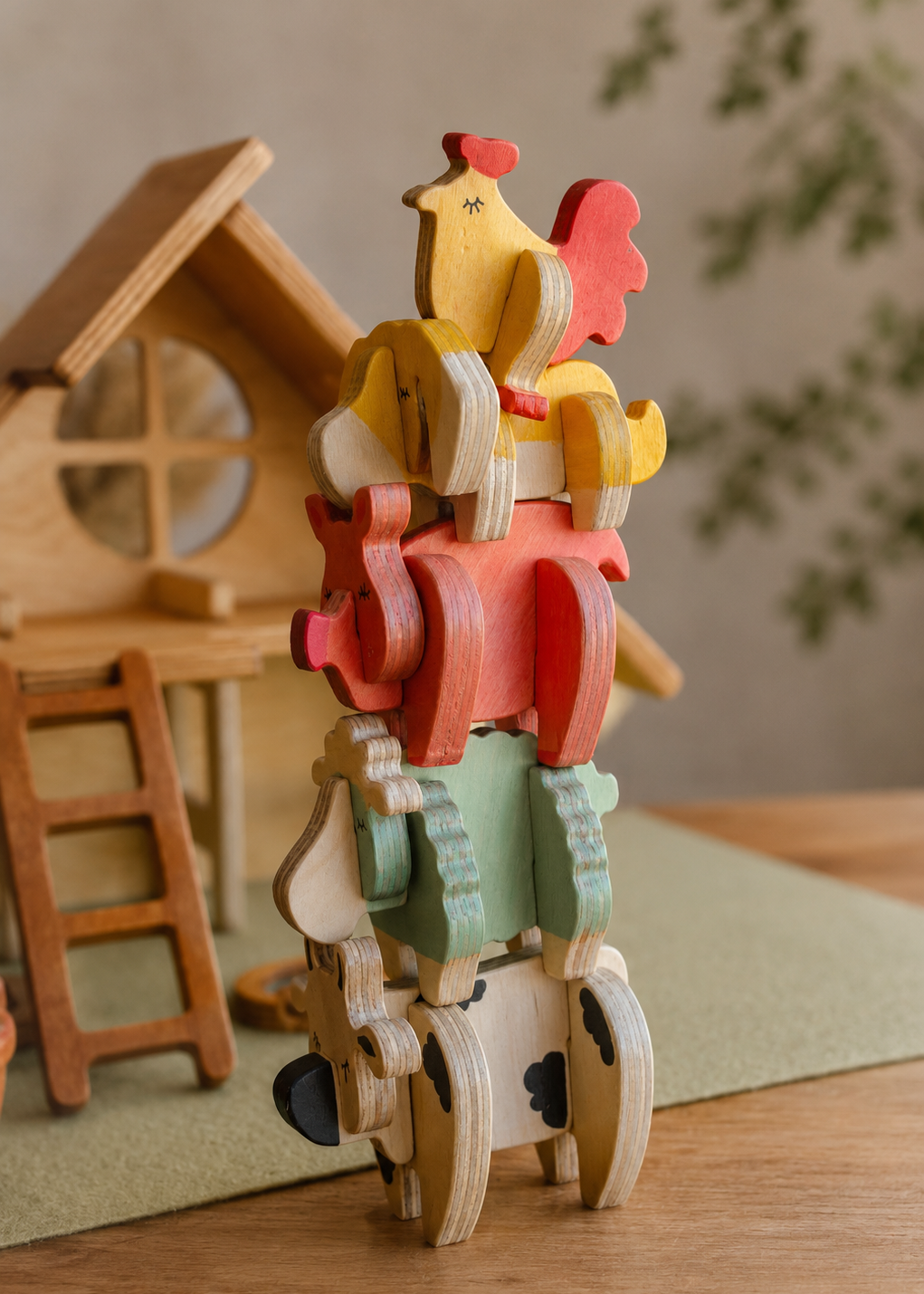 Wooden toy figures of cow, pig, sheep, dog and chicken stacked together with a barn in the background.