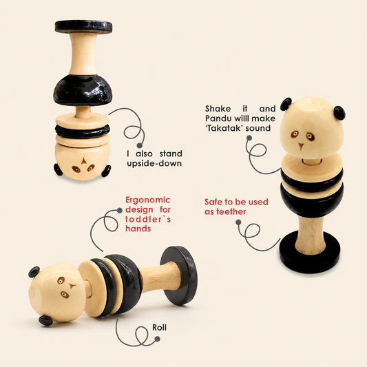 Wooden panda rattle with uses, handcrafted in channapatna