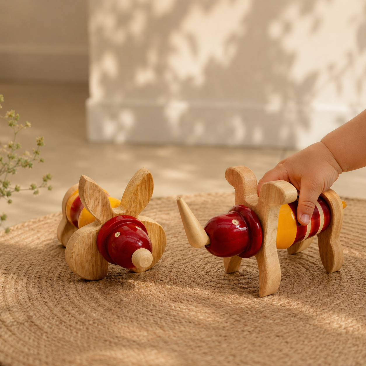 Wooden animal construction block toys creating abstract formations, handcrafted in channapatna