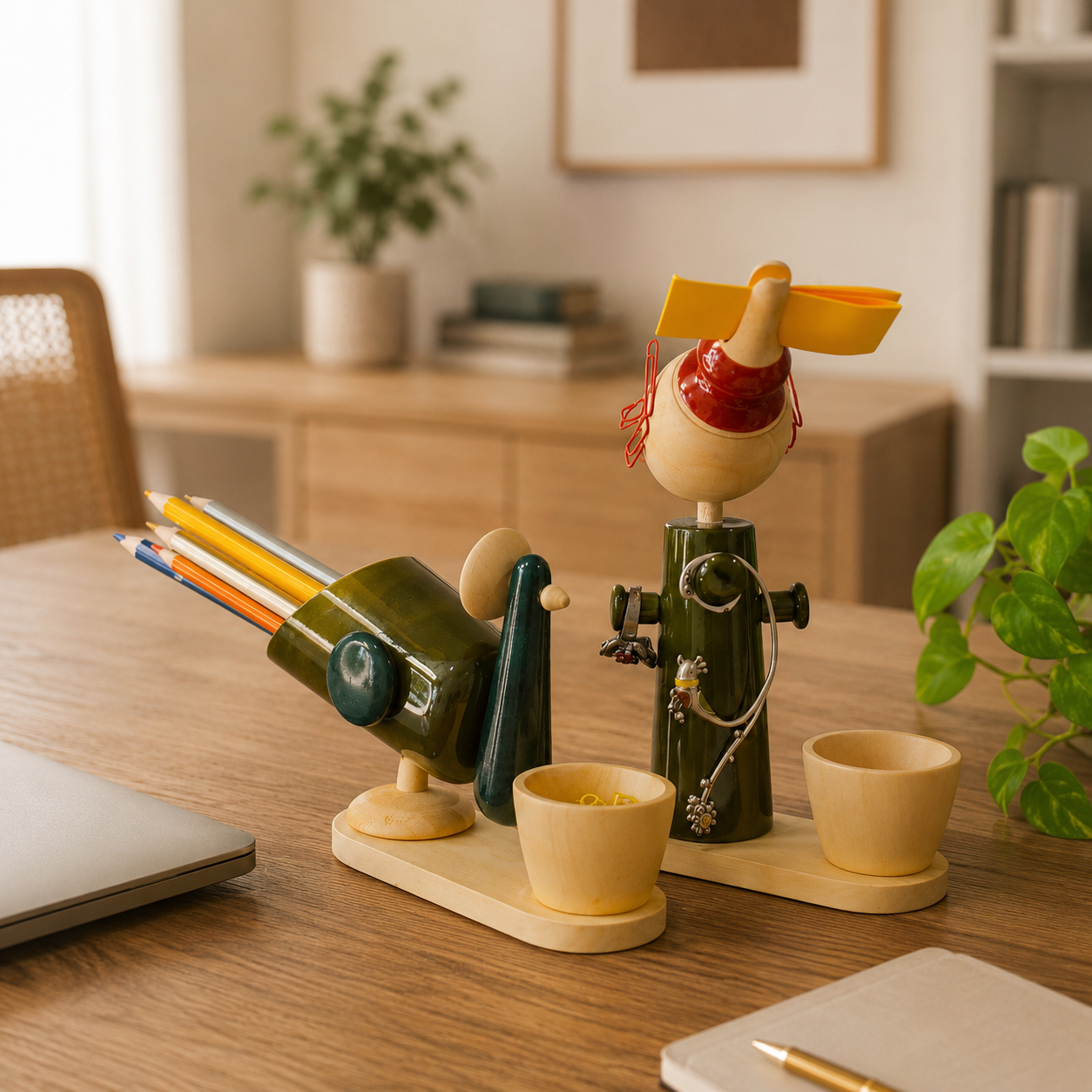 Decorative figurines on a wooden desk with office supplies