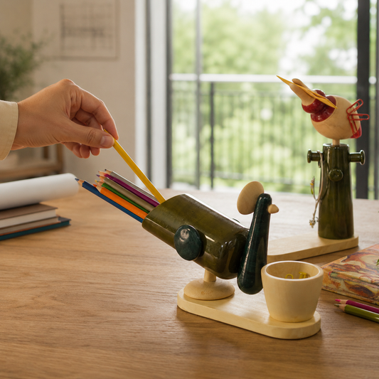 A hand picking pencil from a peacock pencil stand with bird inspired stand in background, handcrafted in channapatna. 