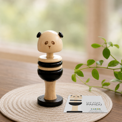 Wooden panda toy rattle rolling toy handcrafted in channapatna