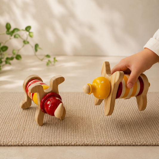 Child holding Wooden animal blocks with striped bodies, handcrafted in channapatna. 