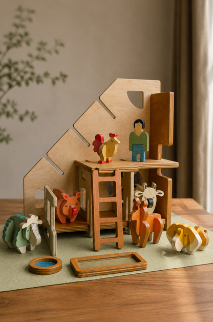 Wooden farm toy set with barn house, animals, human, finished with non-toxic pigmented oil. 