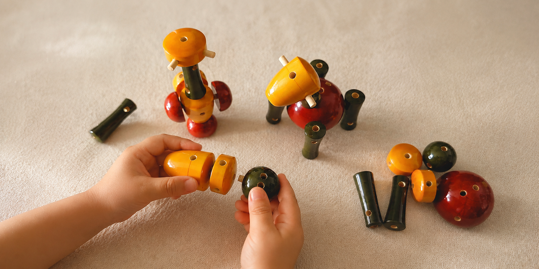 Colourful wooden blocks creating open-ended play, crafted in Channapatna with non-toxic finish