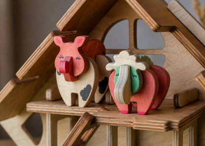 Creative wooden animals with interchangeable bodies in a barn, finished with non-toxic pigmented oil. 