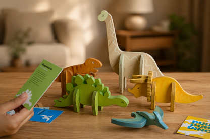 Wooden dinosaur toys on a table with a hand holding an information card.