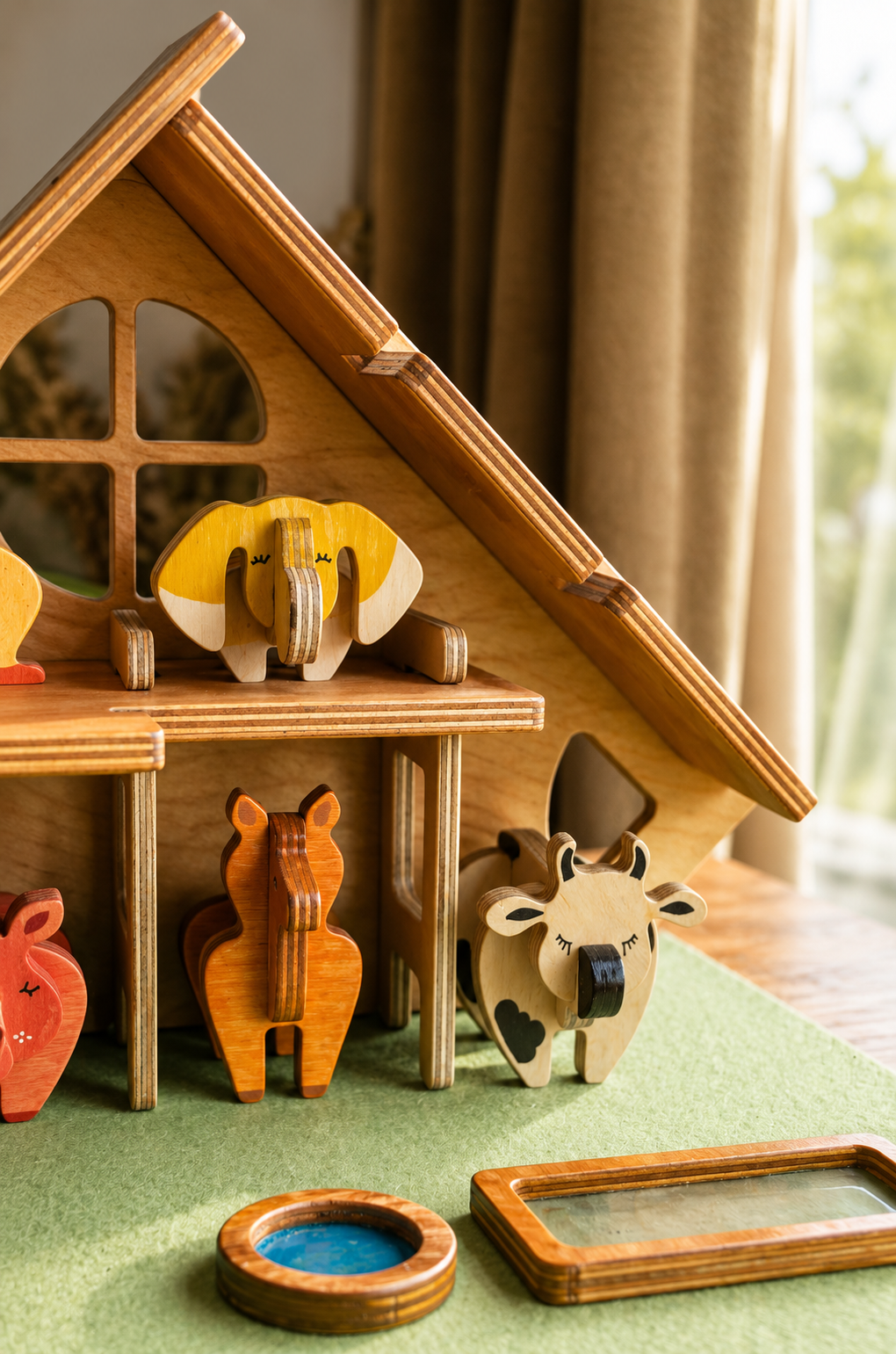 Wooden toy barn with animal figures on a green surface