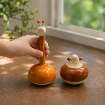 Hand holding giraffe rattle toy with monkey rattle on the floor 
