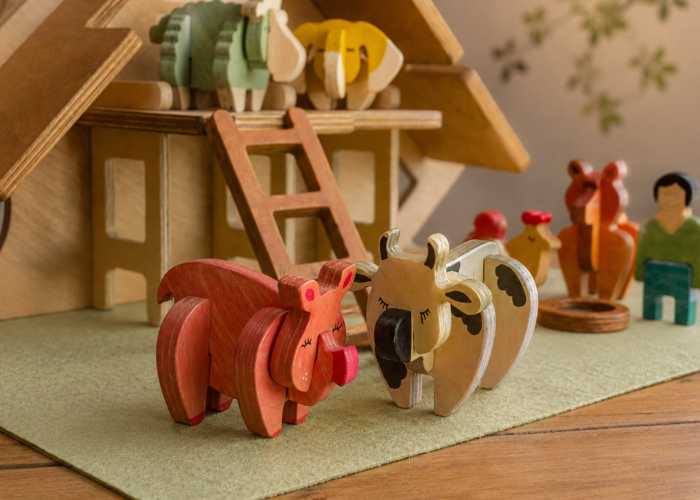 Playful wooden farm animals with a barn in the background. 