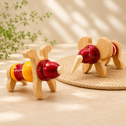 Red and yellow wooden animal construction block toys, handcrafted in channapatna
