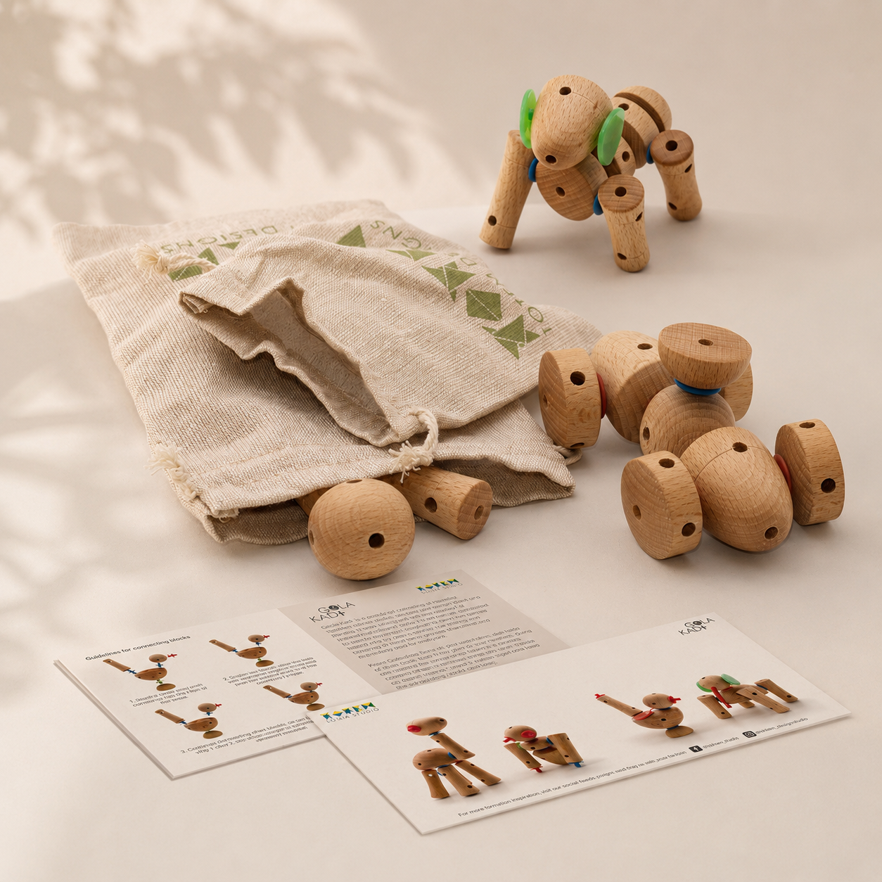 Wooden toy construction set with instructions and packaging