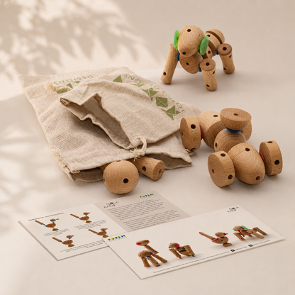 Wooden toy construction set with instructions and packaging