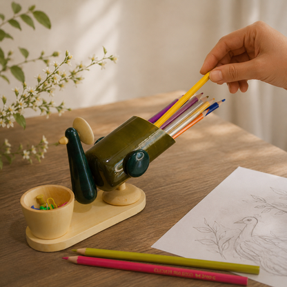 Hand picking a pencil from a handcrafted wooden pencil stand, inspired from peacock