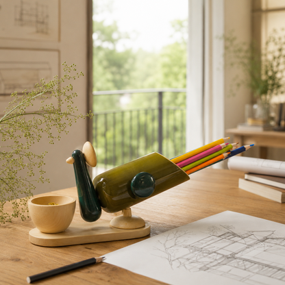 Decorative bird-shaped pencil holder on a desk with colorful pencils and a cup.