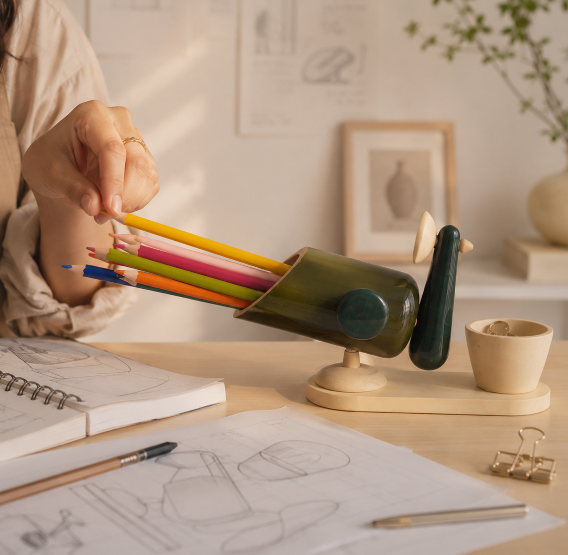 Person holding colored pencils over a green pencil holder on a desk with drawing materials.