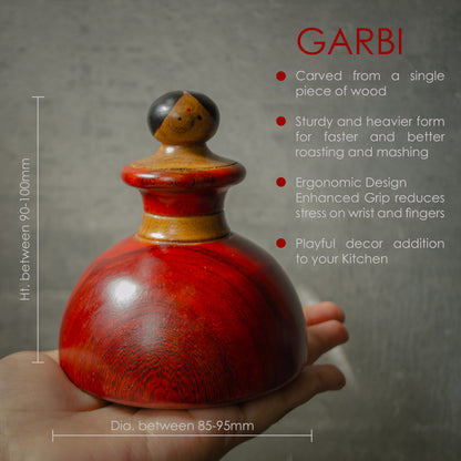 Red stained wooden roaster masher with its features written