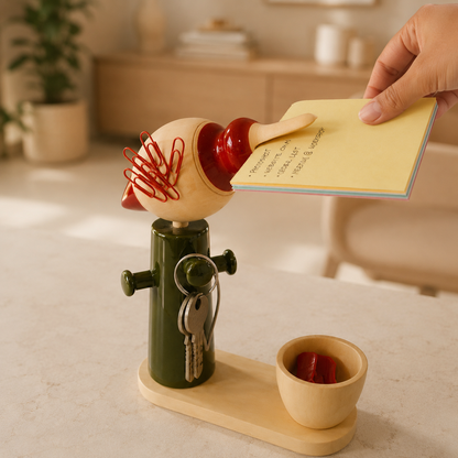 Person holding notes in the beak of a bird organiser and decor for office and home, handcrafted in channapatna.
