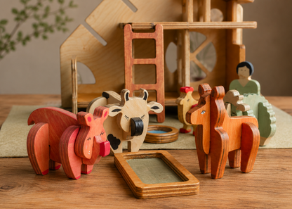 Wooden interlocking colourful animals pig, cow and horse with a barn and other animals in the background. 