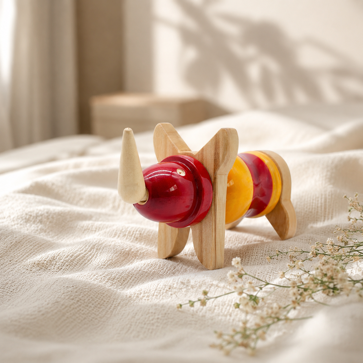 Wooden toy red and yellow animal blocks, handcrafted in channapatna. 