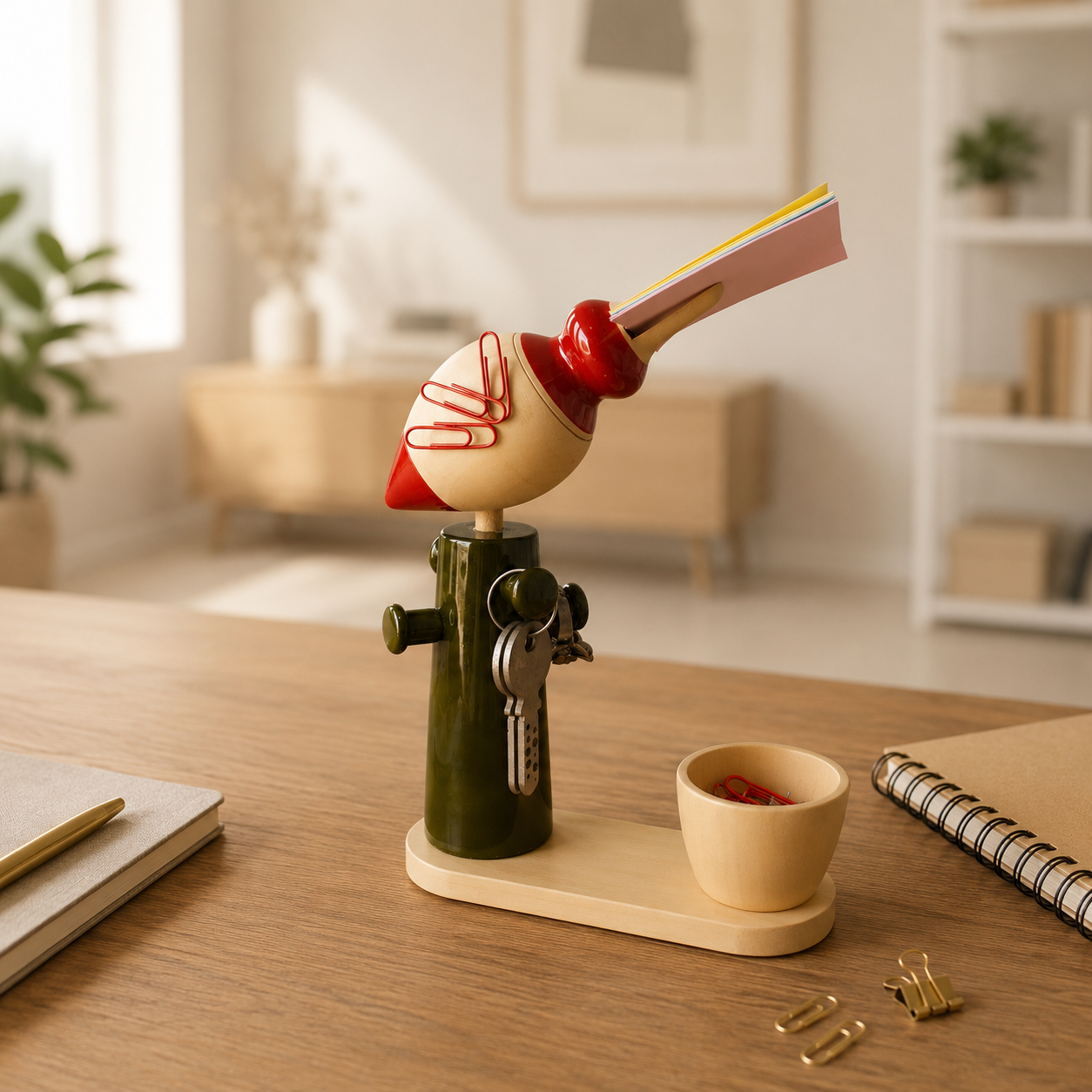 Decorative bird figurine on a wooden stand as office decor and organiser