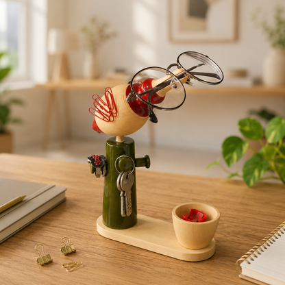 Decorative wooden bird holding spectacles and other office stationery items. 