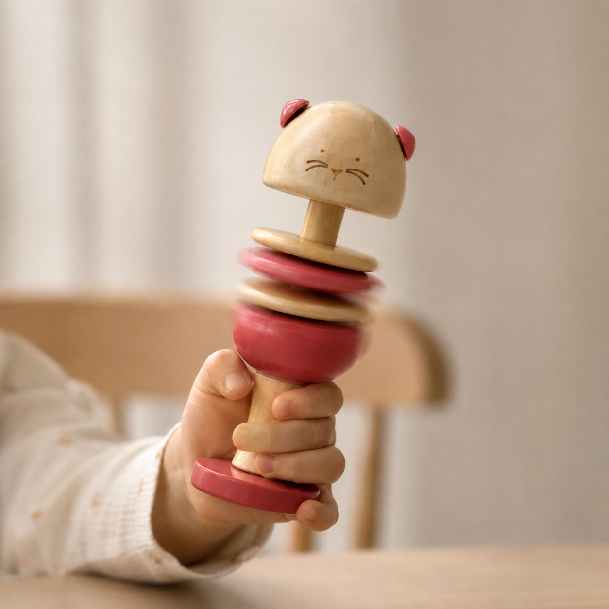 Child's hand holding a wooden and pink toy rattle handcrafted in Channapatna