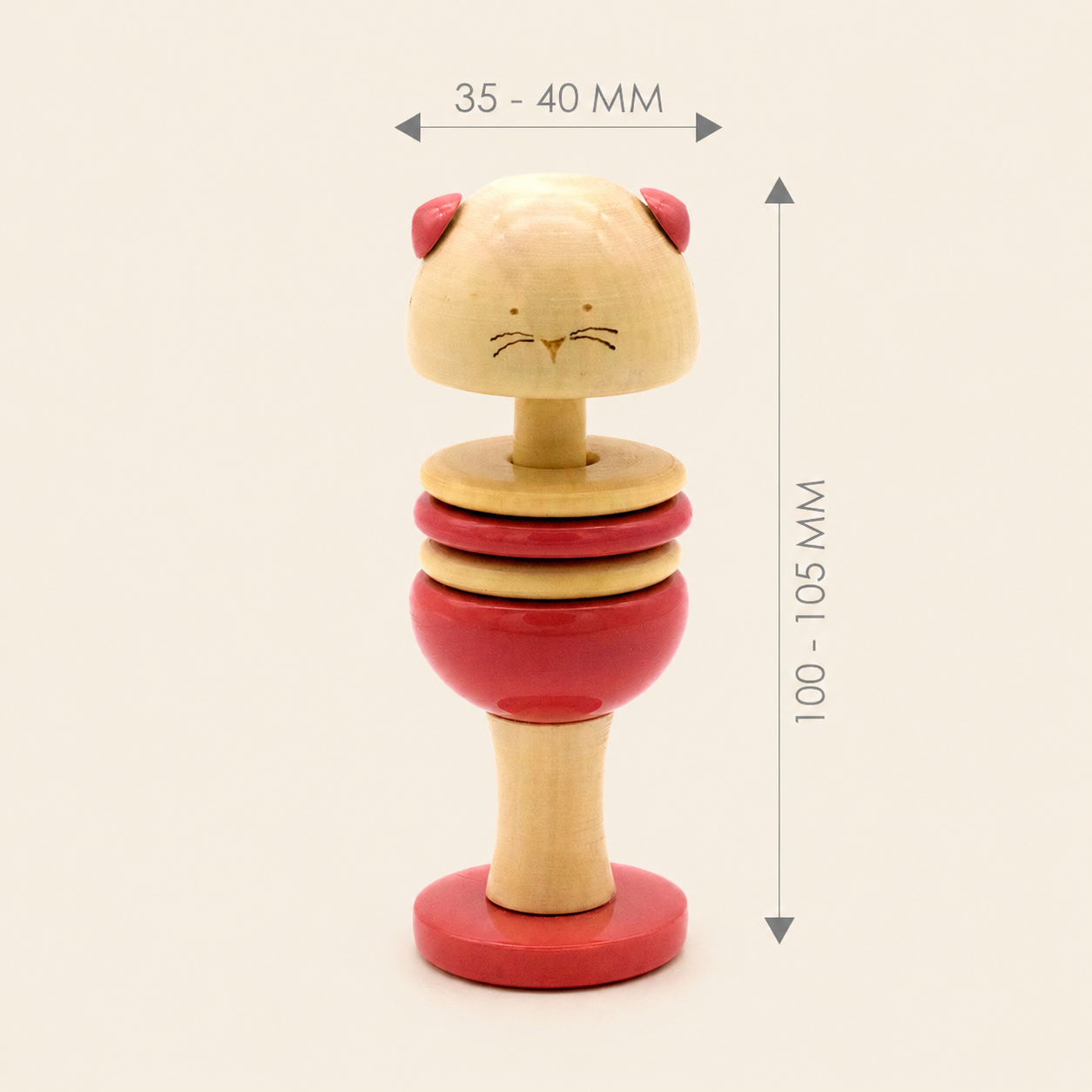 Wooden cat rattle rolling toy with measurements. 