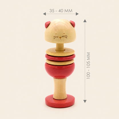 Wooden cat rattle rolling toy with measurements. 