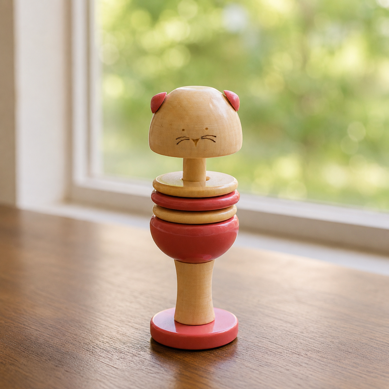 Wooden cat inspired rattle handcrafted in channapatna