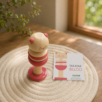 Wooden toy with pink accents on a textured surface next to a card, handcrafted in channapatna