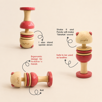 Wooden toy with pink accents, featuring text describing its features.