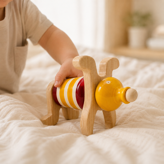 Child playing with a wooden toy on a soft surface, handcrafted in channapatna