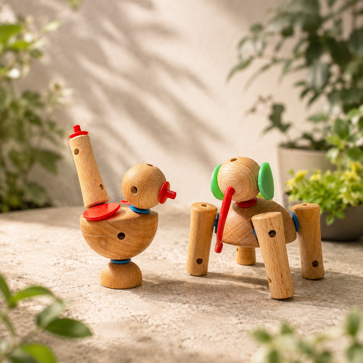 Two wooden toy figures, one resembling a duck and the other an elephant, created with wooden blocks