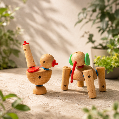 Two wooden toy figures, one resembling a duck and the other an elephant, created with wooden blocks
