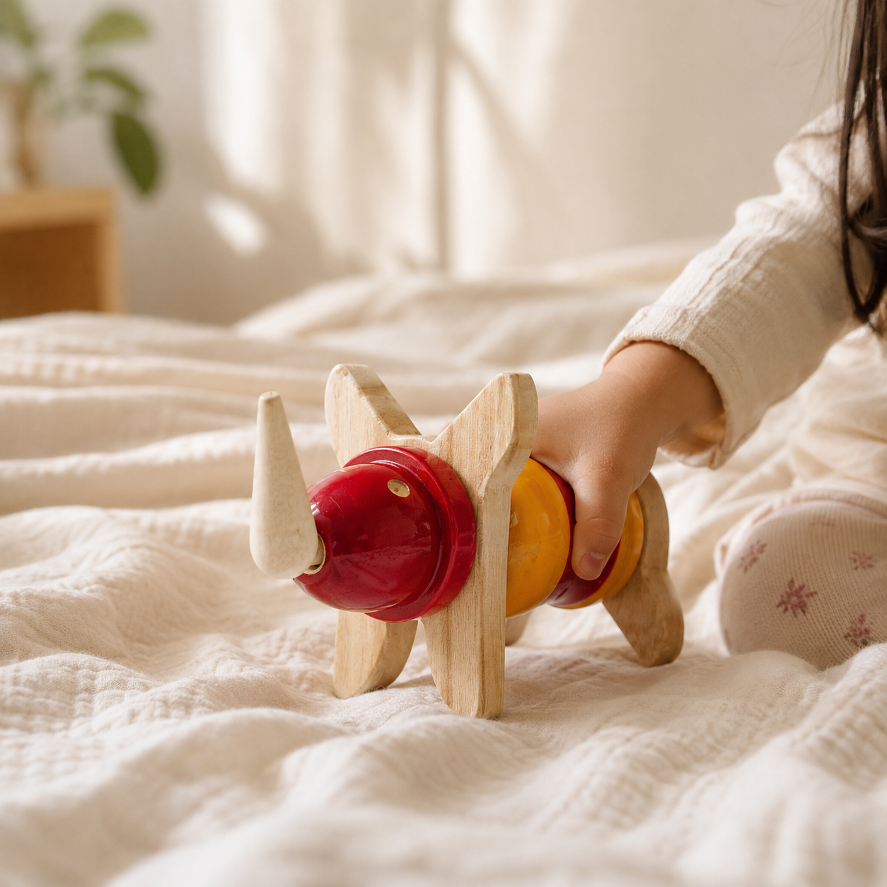 Child playing with a wooden toy form created with blocks crafted in channapatna