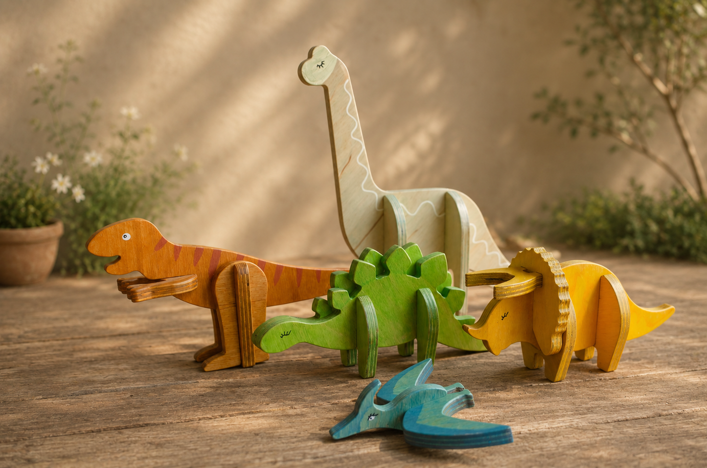 Wooden dinosaur toys going in one direction, handcrafted with non toxic pigmented oil