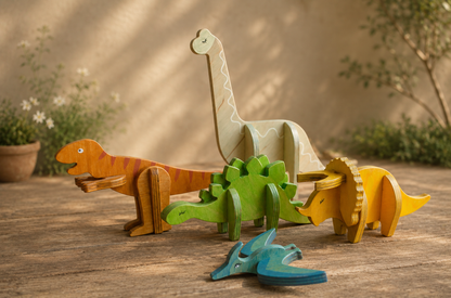 Wooden dinosaur toys going in one direction, handcrafted with non toxic pigmented oil