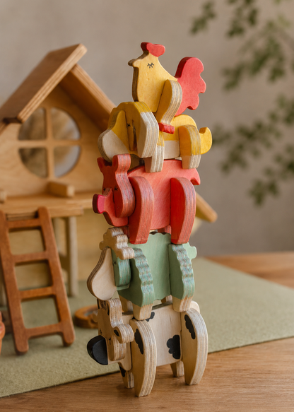 Wooden toy figures of cow, pig, sheep, dog and chicken stacked together with a barn in the background. 