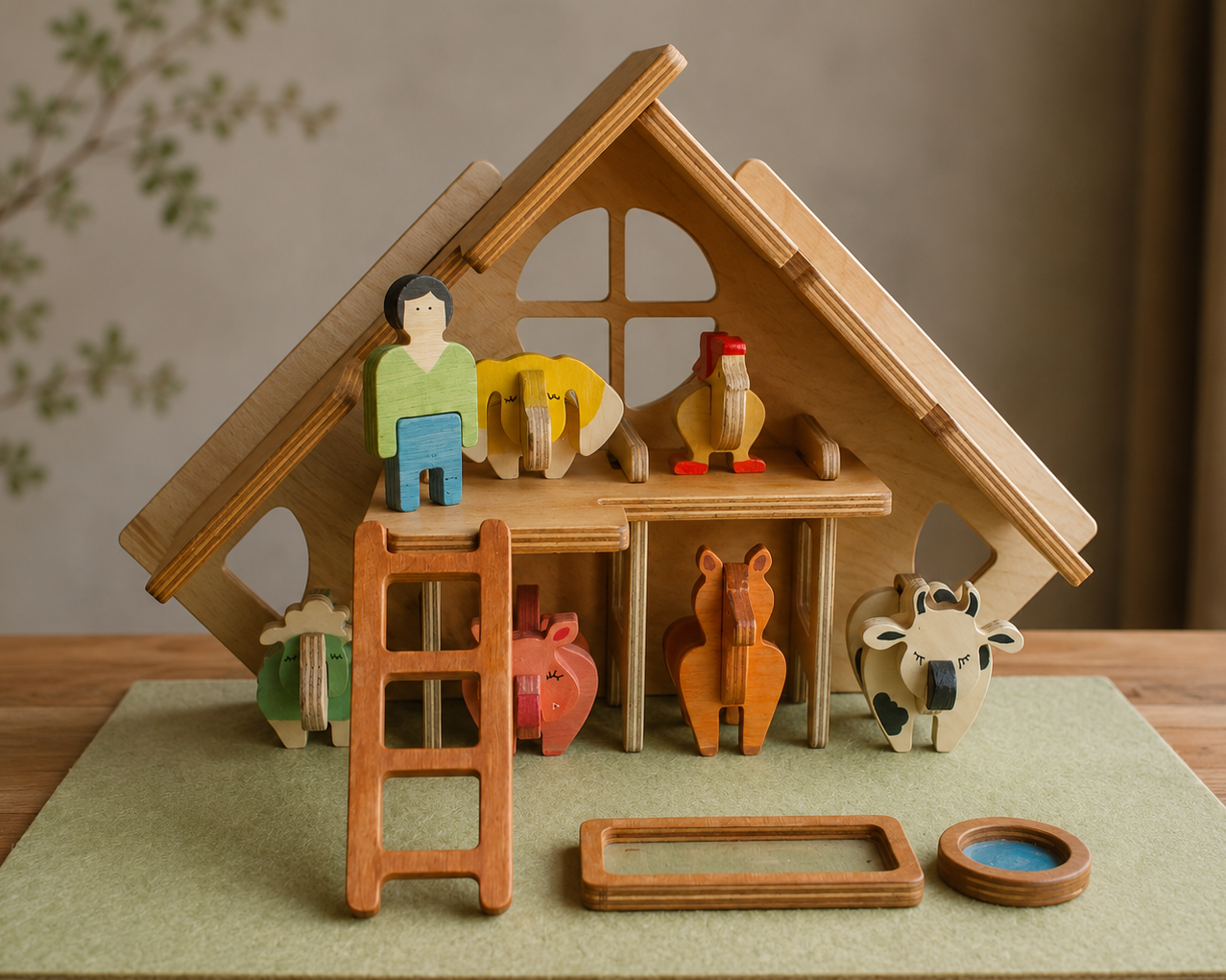 Wooden interlocking farm toy set with farm animals, barn, human