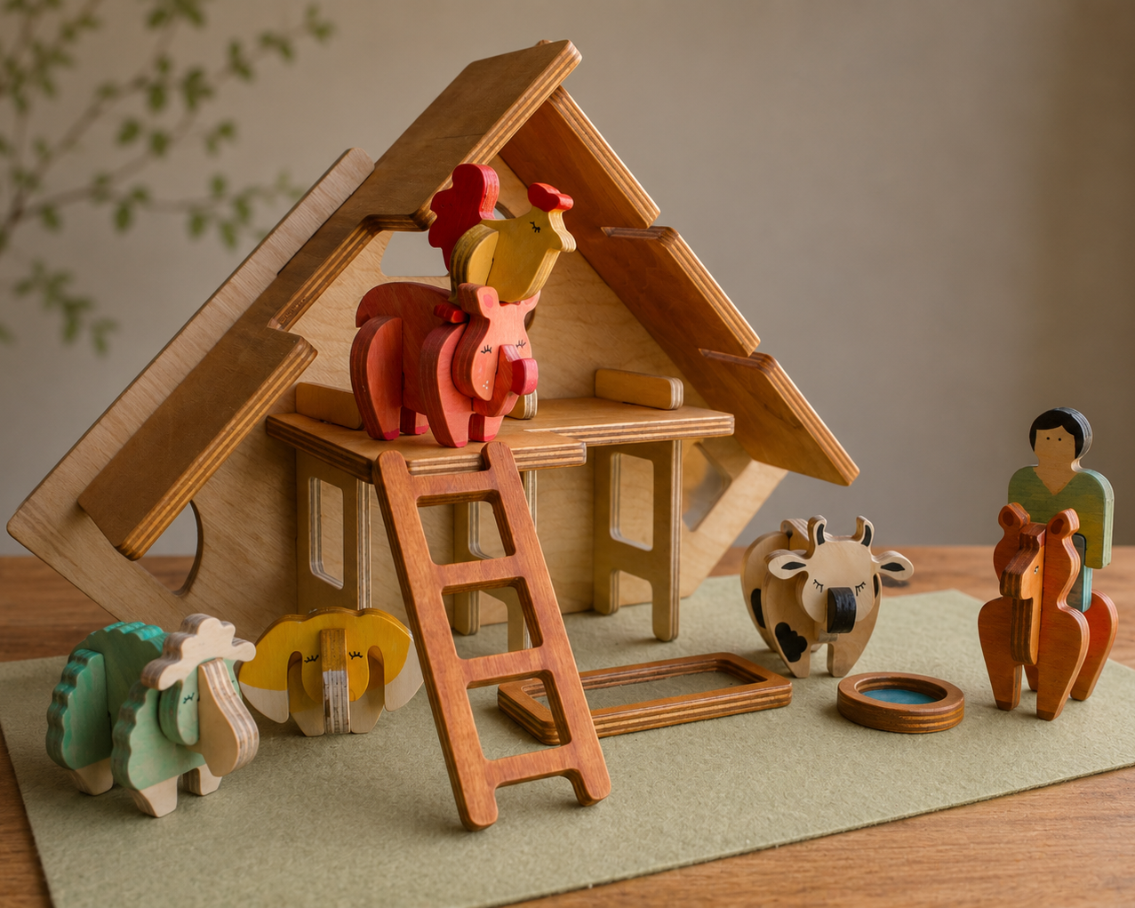 Wooden toy set with a chicken coop and farm animals in a barn with ladder on a green mat, finished with non-toxic pigmented oil. 