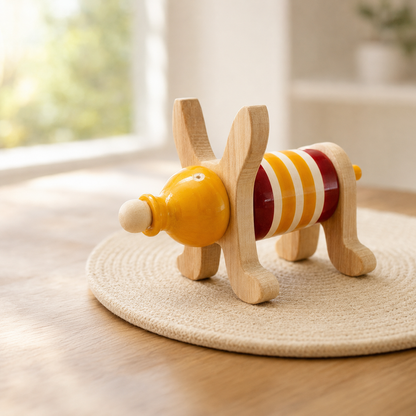 Wooden toy with a red and yellow striped body and blocks