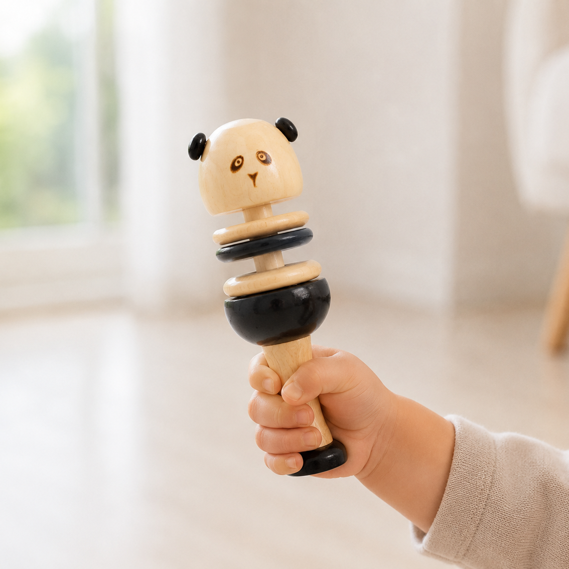 A child holding black Wooden panda rattle toy 
