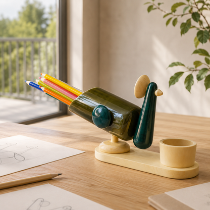 Decorative bird-shaped pencil holder with colorful pencils on a wooden desk.
