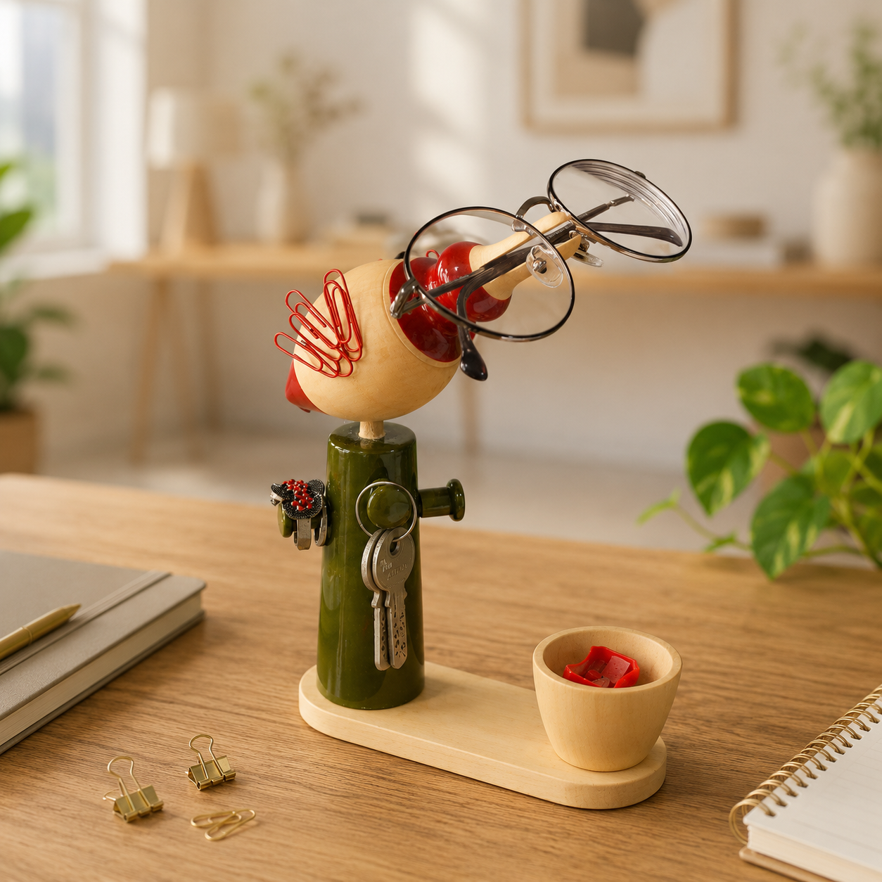 Essent of red and green in a bird inspired stationery organiser for home office, handcrafted in channapatna