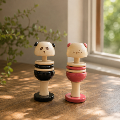 Two wooden toys shaped like panda and cat on a wooden surface. 